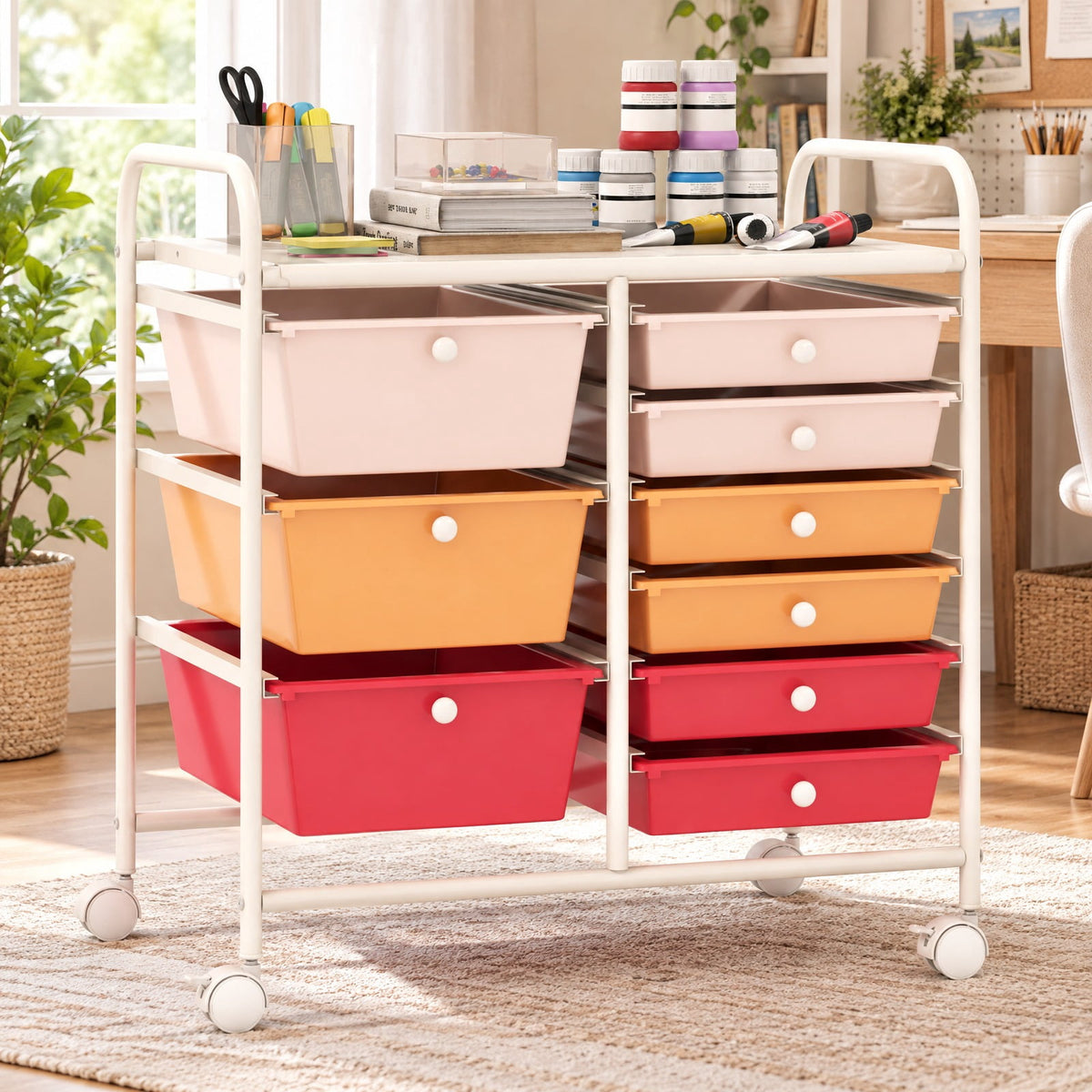 Airfind 9-Drawer Rolling Storage Cart with Colorful Drawers and Metal Frame, Metal Frame, 25 Inch x 14.5 Inch x 24.5 Inch (L x W x H) Large Drawer Footprint