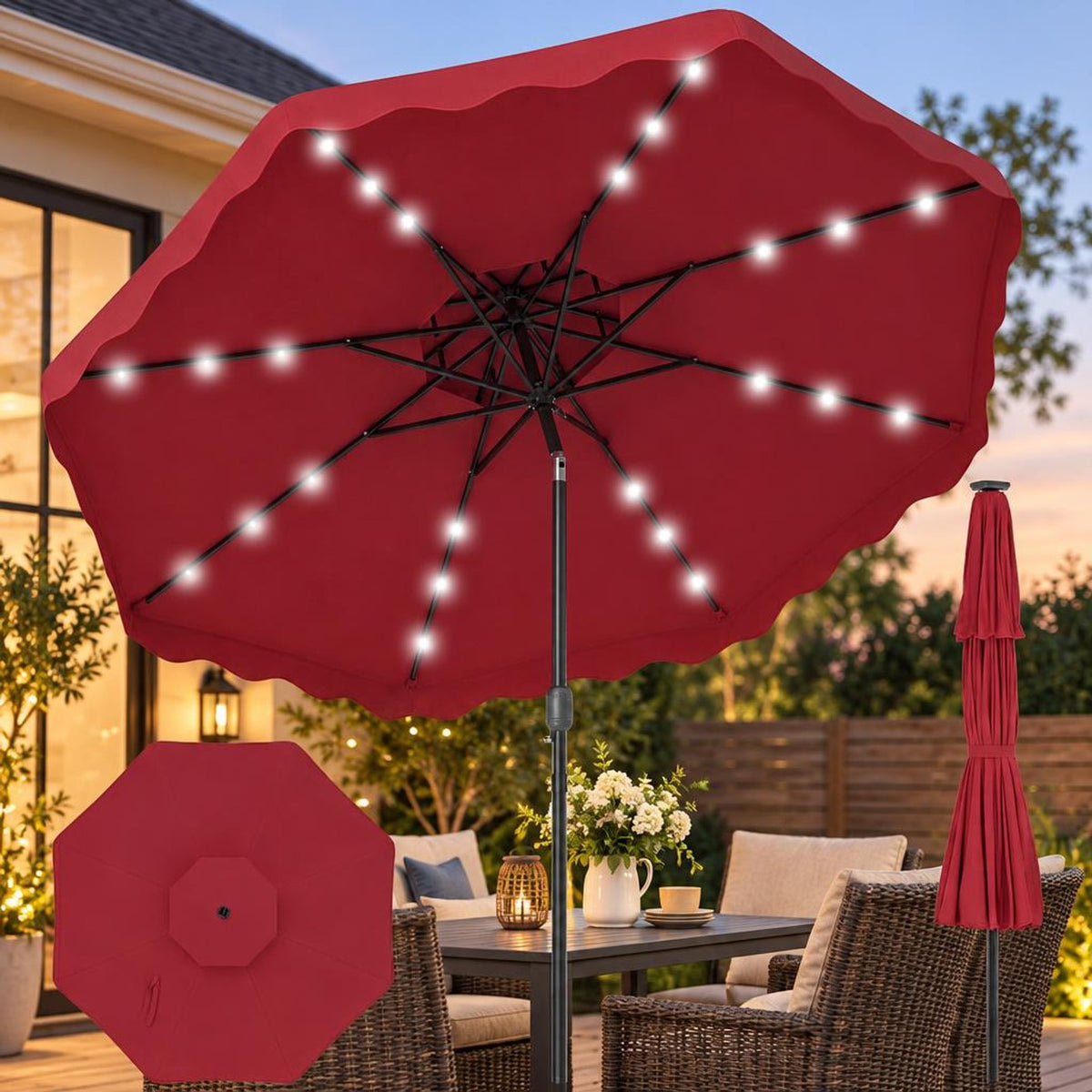 Airfind 9 FT Solar LED Patio Umbrella Push-Button Tilt and Crank 24 LED Lights and 8 Ribs, Polyester Fabric Metal Frame, 9 x 8.2 ft Footprint, Red