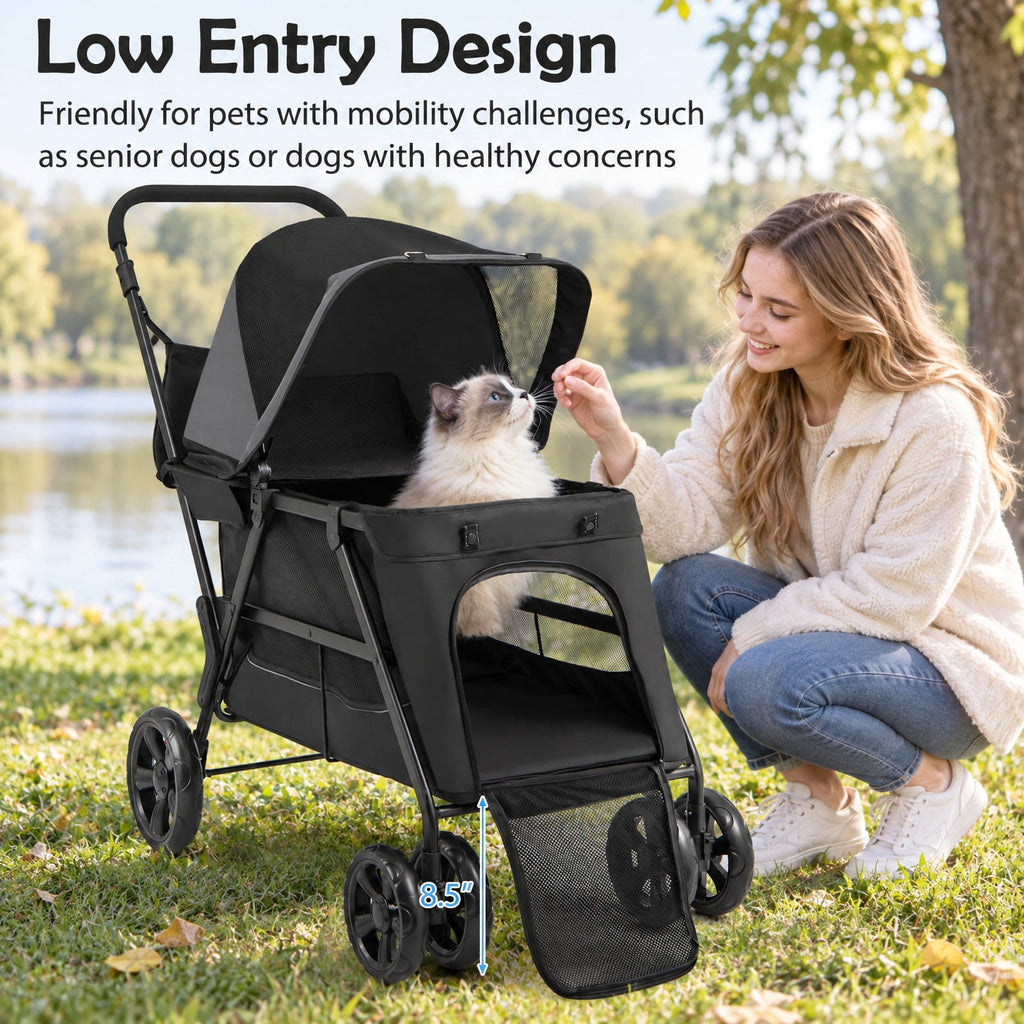 Airfind Dog Stroller for Medium Small Senior Elderly Dogs with Dual Entry, 66 lbs Capacity, 600D Oxford Fabric Mesh Metal Frame, Black