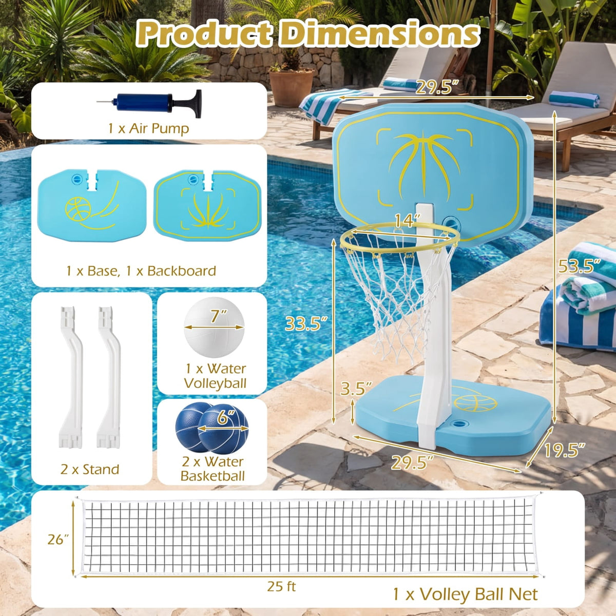 Airfind 2 in 1 Pool Basketball Hoop and Volleyball Net Set with Fillable Base for Swimming Pool Beach and Backyard Water Games, Blue