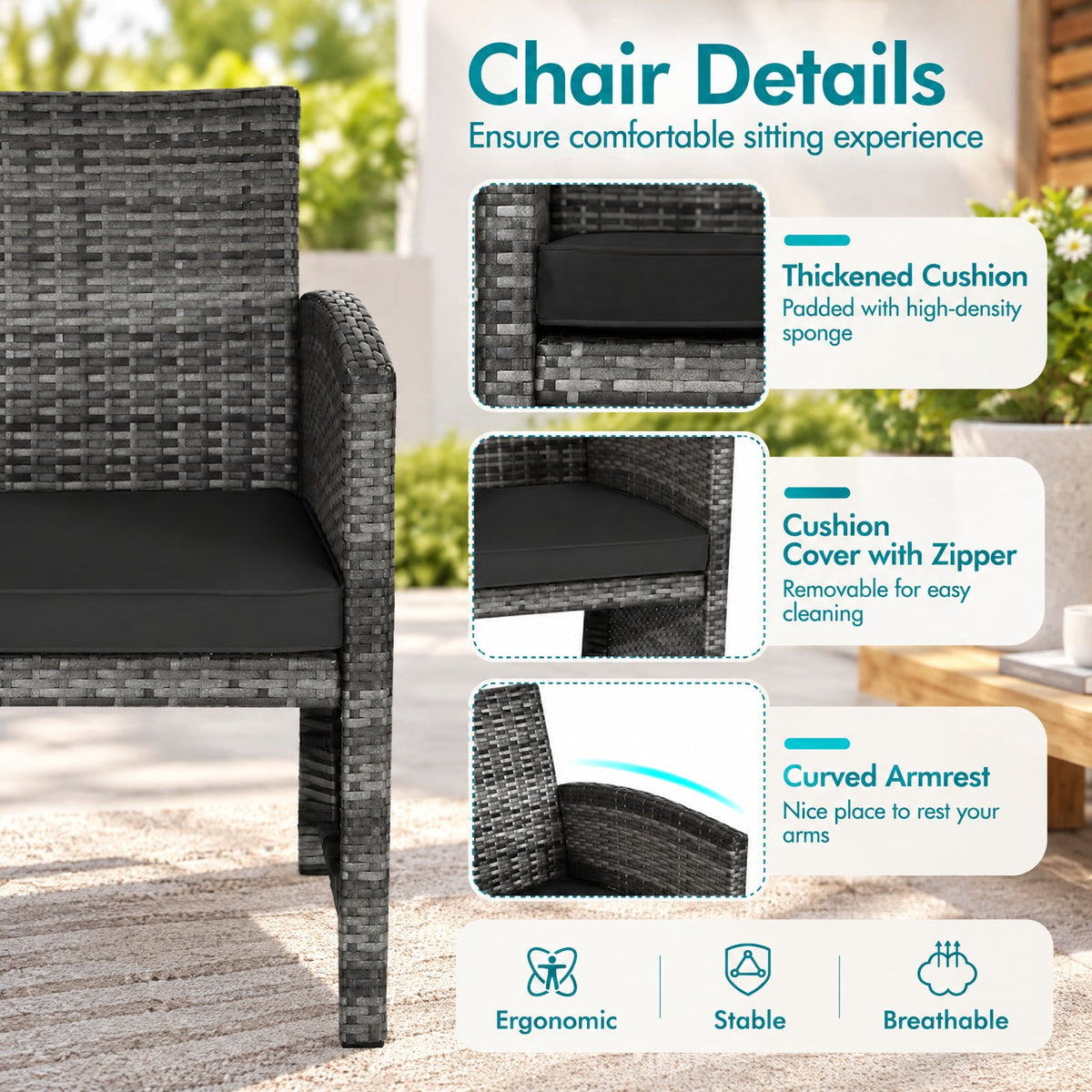 Airfind 4 Pieces Patio Rattan Furniture Set with Glass Table and Loveseat, PE Rattan Polyester Fiber Steel Sponge Single Sofa Frame, Black