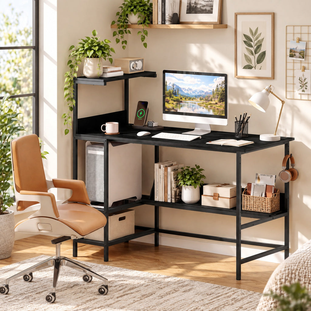 Airfind 48 Inch Computer Desk with Power Outlets and Storage Shelves, 88 lbs Capacity, Engineered Wood Metal Frame, 48 Inch x 23 Inch x 43.5 Inch Footprint