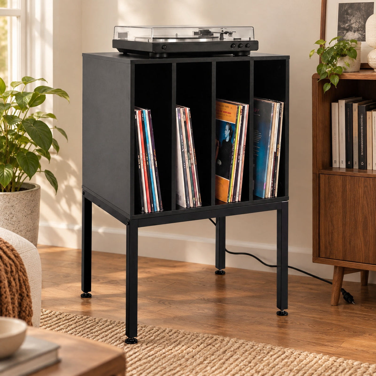 Airfind Turntable Record Player Stand with Power Outlets, 88 lbs Capacity, Engineered Wood Metal MDF Frame, 20 x 16 x 32 Footprint, Black