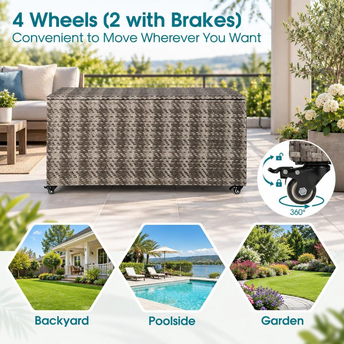 Airfind 96 Gallon PE Wicker Outdoor Storage Box with 4 Wheels, PE Rattan PP Board Metal Polyester Frame, 52 x 22 x 25 Footprint, Gray