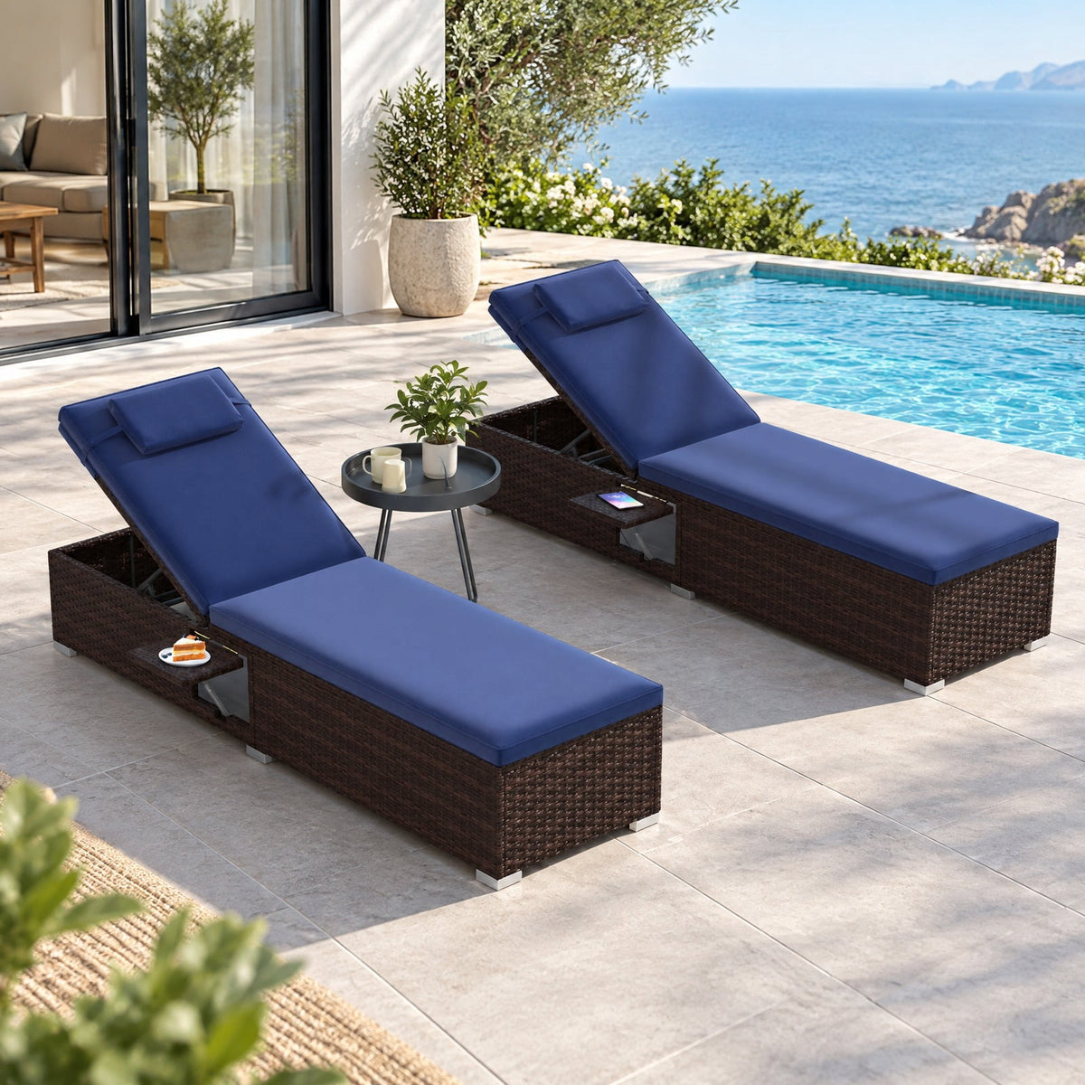 Airfind Outdoor PE RattanChaise Lounge with 6-level Backrest, 400 lbs Capacity, PE Rattan Metal Polyester Sponge Frame, Navy