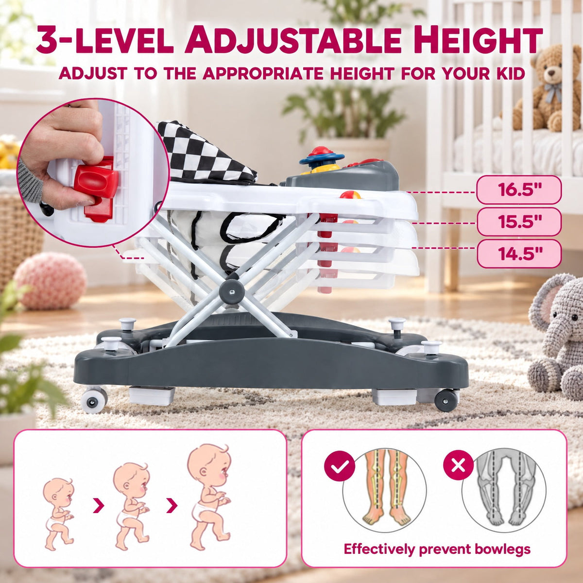 Airfind 6-in-1 Foldable Youth Walker featuring Adjustable Height, 26.5 lbs Capacity, PP Frame, for 6-14 Months, 28 Inch x 24 Inch x 19.5 Inch, Gray