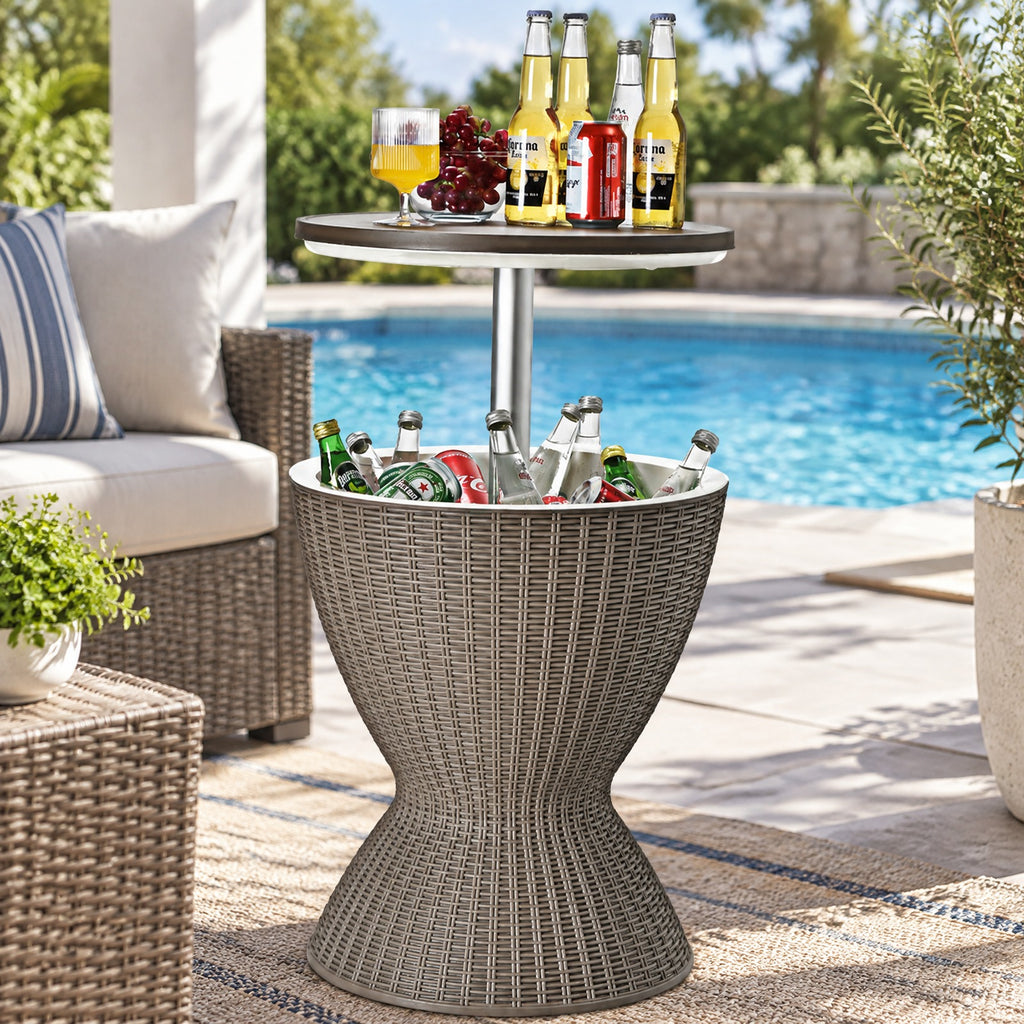 Airfind 3 in 1 8 Gallon Patio Rattan Cooler Bar Table with Adjust Ice Bucket, 165 lbs Capacity, PP Frame, Φ19 x 22.5 Footprint, Brown
