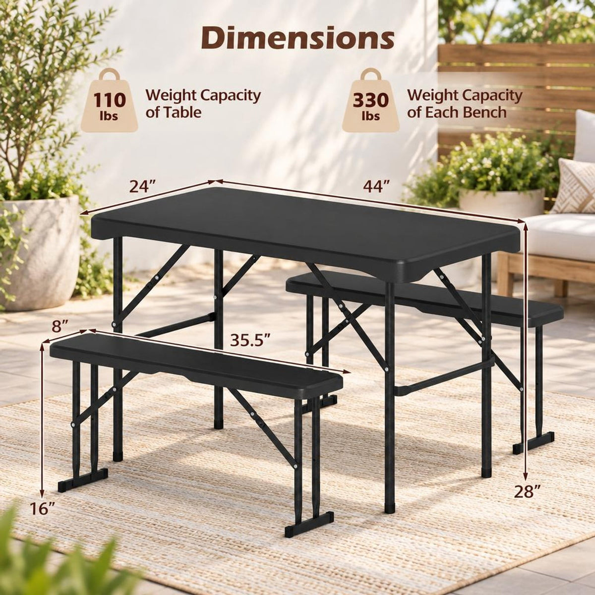 Airfind Outdoor Folding Table Bench Set w All-Weather HDPE Tabletop and Sturdy Metal Frame, 120 kg Capacity, HDPE Metal Frame, Black