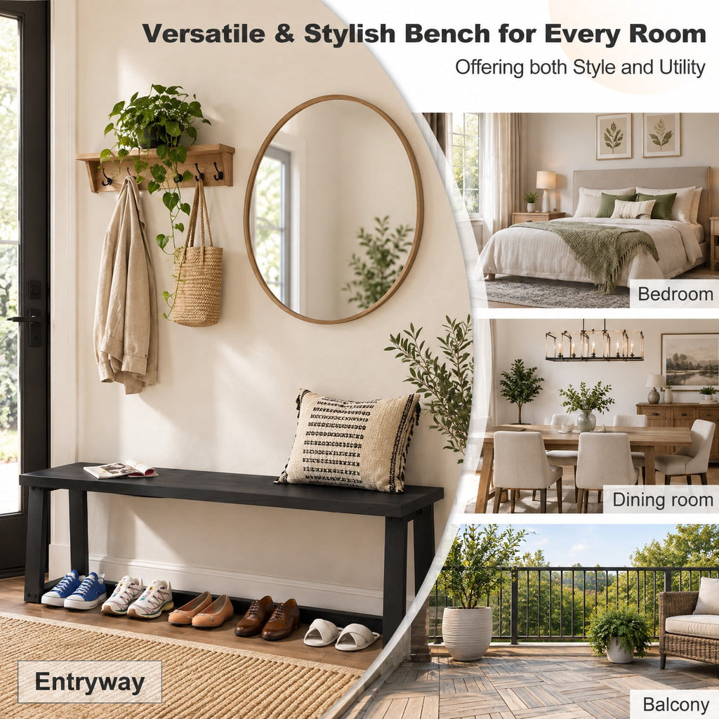 Airfind Wood Dining Bench with Metal Frame and Adjustable Footpads, 56.5 Inch x 16.5 Inch x 18 Inch Weight Footprint, Black