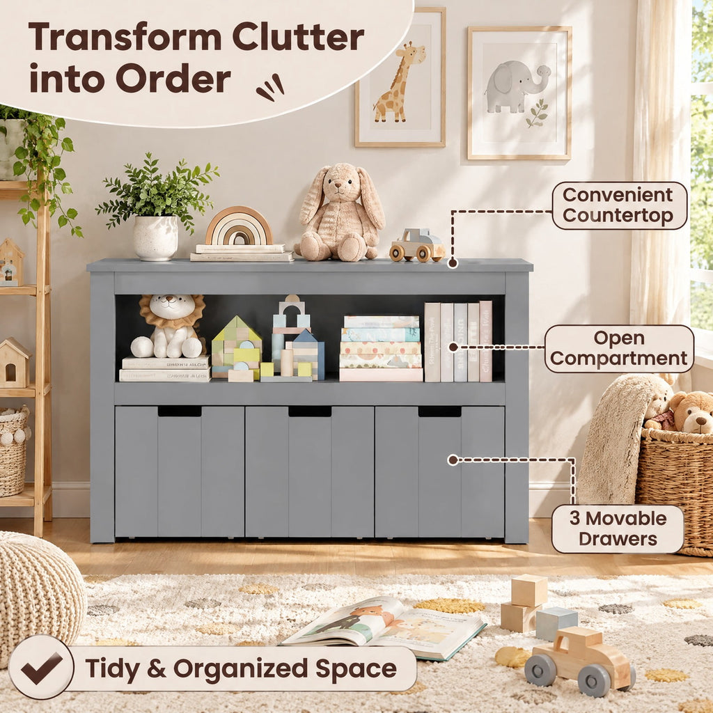 Airfind Kid Toy Storage Cabinet Drawer Chest with Wheels and Large Storage Cube Shelf, 110 lbs Capacity, MDF Frame, Gray
