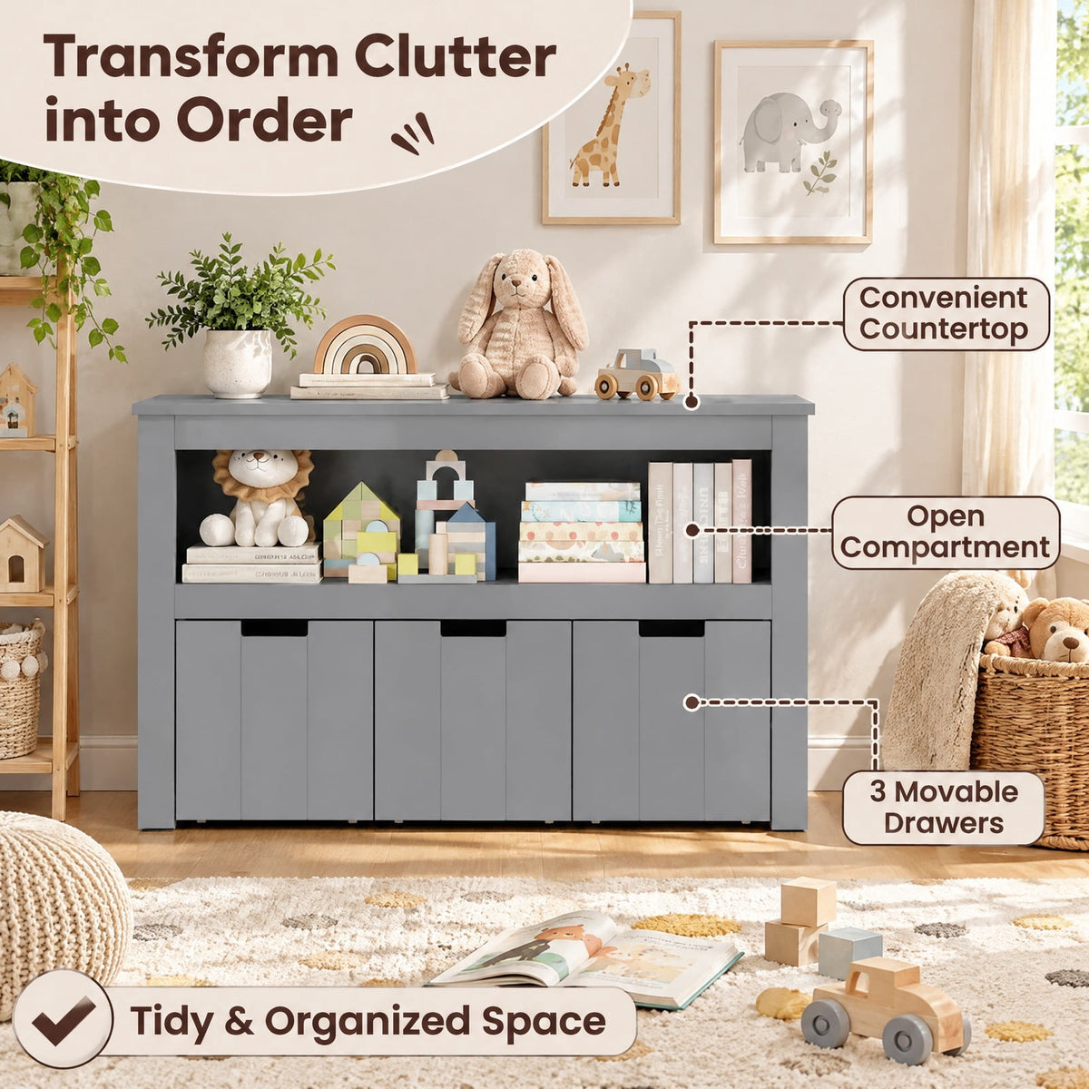 Airfind Kid Toy Storage Cabinet Drawer Chest with Wheels and Large Storage Cube Shelf, 110 lbs Capacity, MDF Frame, Gray