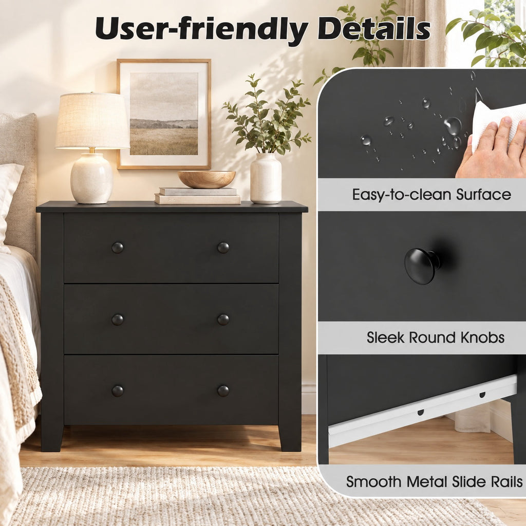 Airfind 3 Drawer Dresser Chest of Drawers Bedside Table-Black Wood Grain, MDF Frame, 28in x 18in x 26in Footprint, Dark Brown