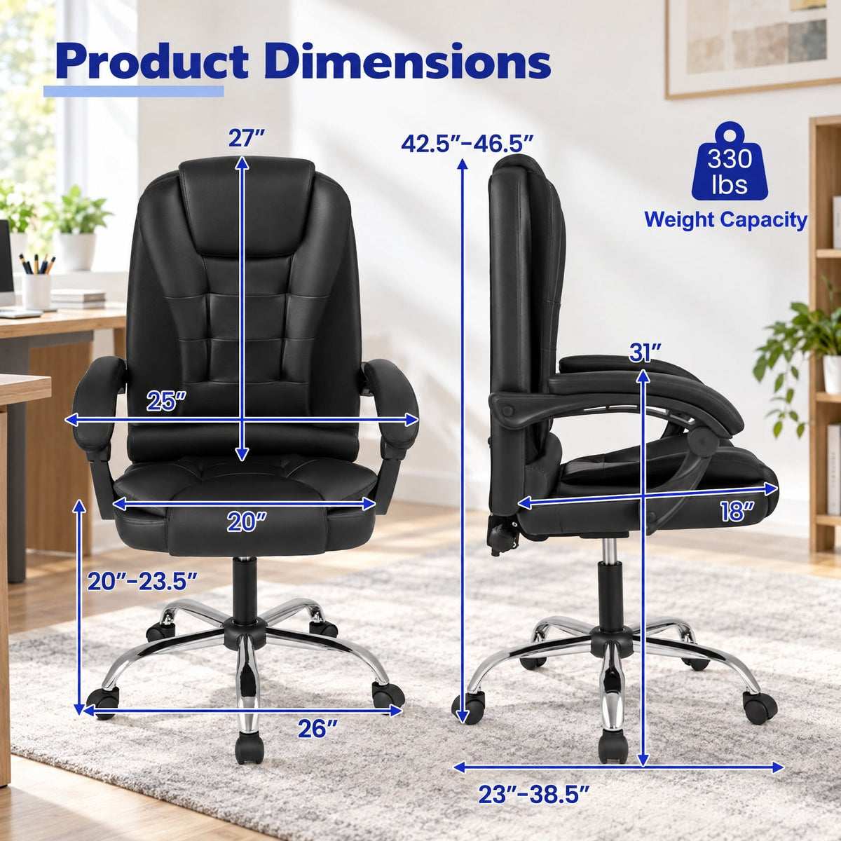 Airfind Big High Back Executive Chair with Linkage Armrests and Leather Padded Seat for Office, 330 Lbs Capacity with Black: PVC Leather Sponge, Black