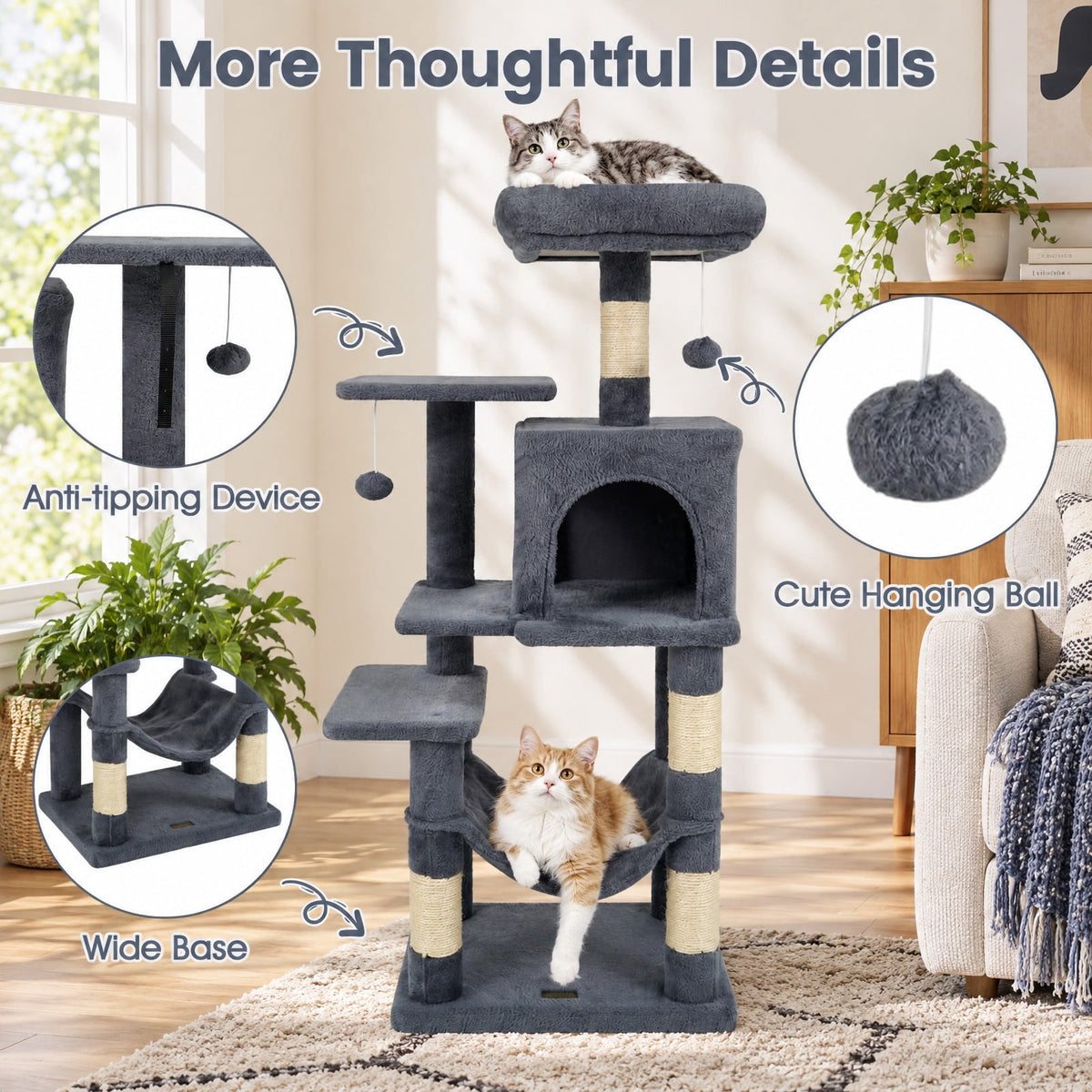 Airfind Multi-Level Cat Tower with 2-Door Condo and Padded Top Perch, PP Cotton Fabric Sisal Engineered Wood Overall Height 44 Base Frame, Gray