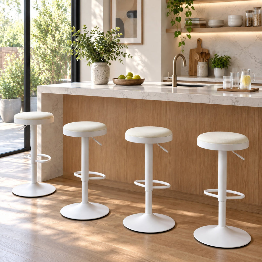 Airfind Set of 4 Kitchen Bar Stools with Height Adjustment Padded Seat and D-Shaped Footrest, 330 lbs Capacity, Metal Sponge Fabric Frame, White