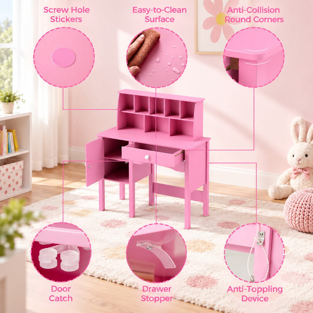 Airfind Kids Study Desk and Chair Set with Chair Hutch and Storage Cabinet for 3+ Years Old, 110 lbs Capacity, MDF Frame, Pink