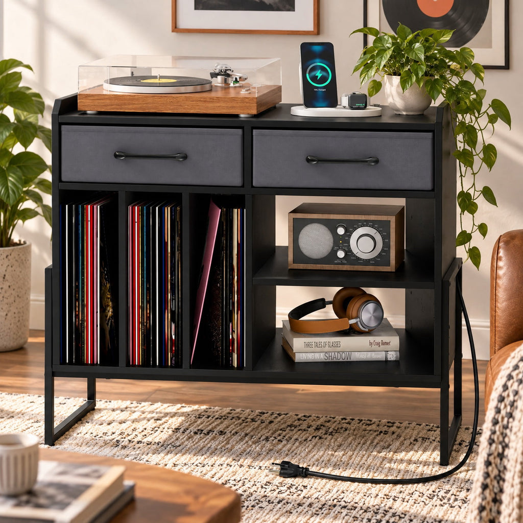 Airfind Large Record Player Stand with Charging Station Mid Century Modern Vinyl Storage Cabinet, 209 lbs Capacity, 30in x 14in x 27in Inside Footprint
