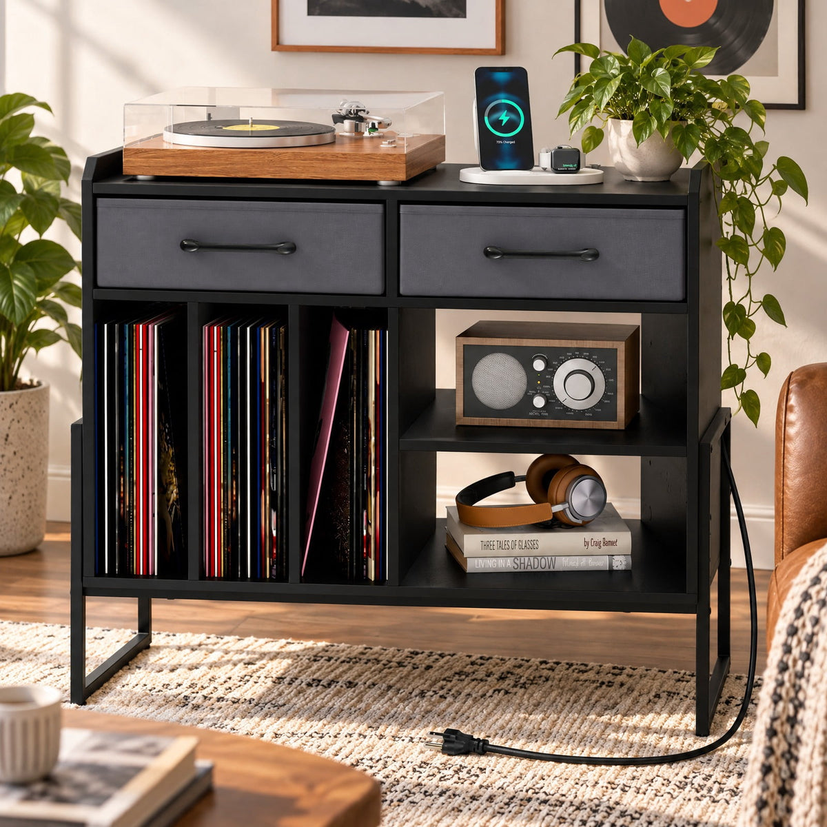 Airfind Large Record Player Stand with Charging Station Mid Century Modern Vinyl Storage Cabinet, 209 lbs Capacity, 30in x 14in x 27in Inside Footprint