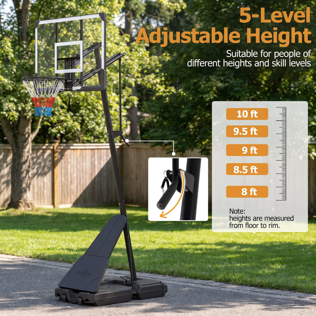 Airfind Outdoor Basketball Goal System with 8 to 10 Foot Hand Crank Adjustable Height Shatterproof Backboard and Rebounder for Backyard, Black