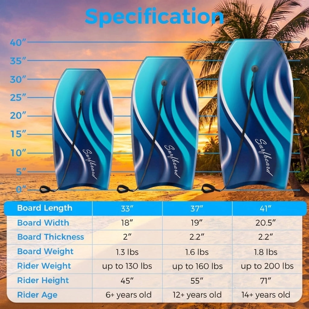 Airfind 33 Boogie Board with Tropical Reef Graphic Deck ¡ª EPS Core, XPE Top, HDPE Slick Bottom, Crescent Tail, Coiled Wrist Leash