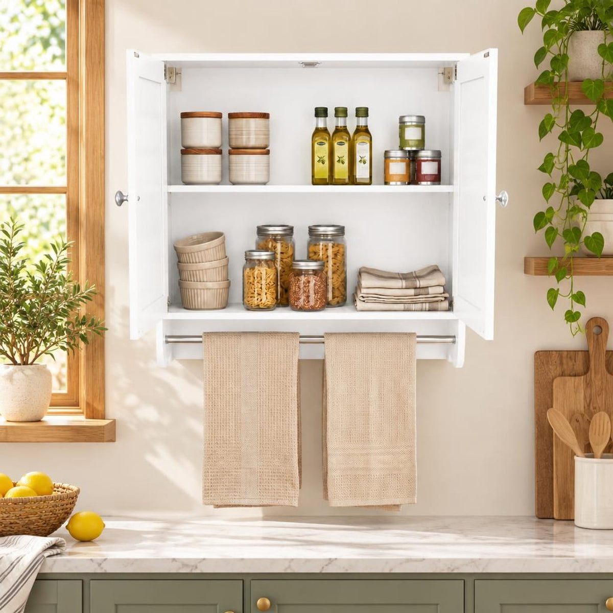 Airfind Wall Mounted Bathroom Storage Medicine Cabinet with Towel Bar, 100 lbs Capacity, Engineered Wood Frame, White