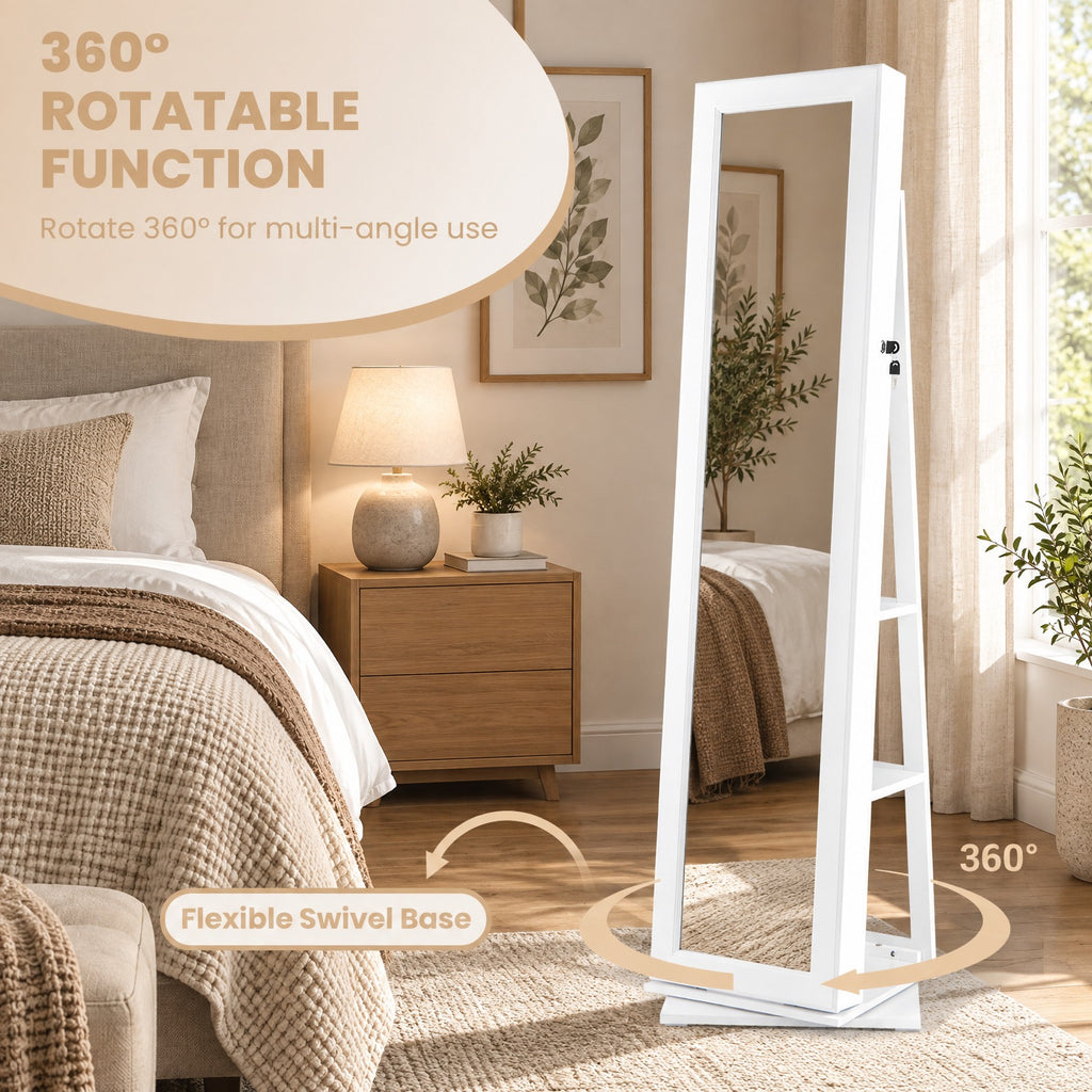 Airfind 360° Swivel Jewelry Armoire Standing Jewelry Organizer with Full Length Mirror and Back Shelves, MDF Glass Frame, White