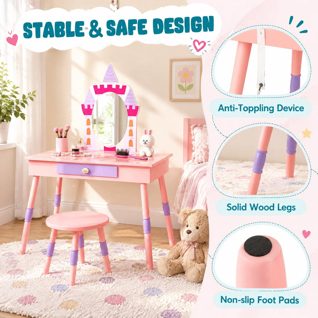 Airfind Kids Princess Vanity Table and Stool Set with Drawer and Mirror, 66 lbs Capacity, MDF Silver Frame, for 3+ Years old, Pink