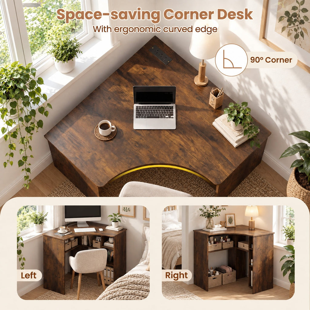 Airfind Corner Computer Desk Triangle Home Office Desk with Adjustable Shelf and Arc-Shaped Profile, 100 lbs Capacity, Brown