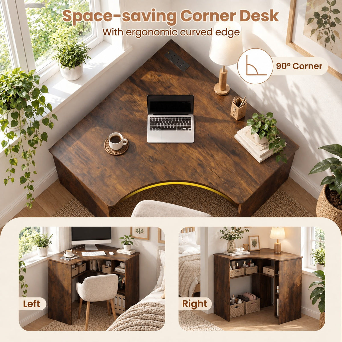 Airfind Corner Computer Desk Triangle Home Office Desk with Adjustable Shelf and Arc-Shaped Profile, 100 lbs Capacity, Brown