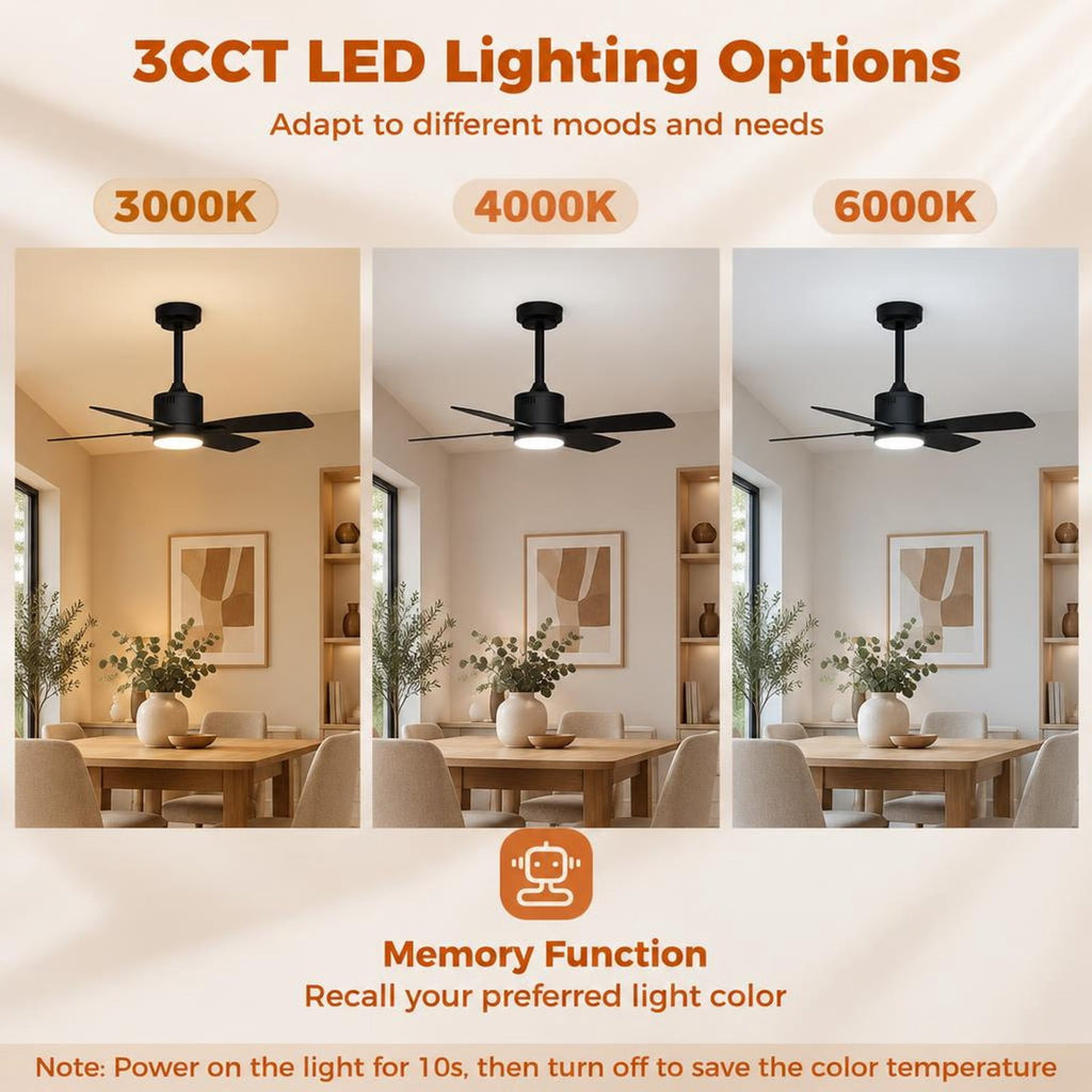 Airfind 42inch Ceiling Fan with Light and Remote 3CCT LED with Memory 4H Timer 6 Speeds, Metal Plywood PC Frame, Black