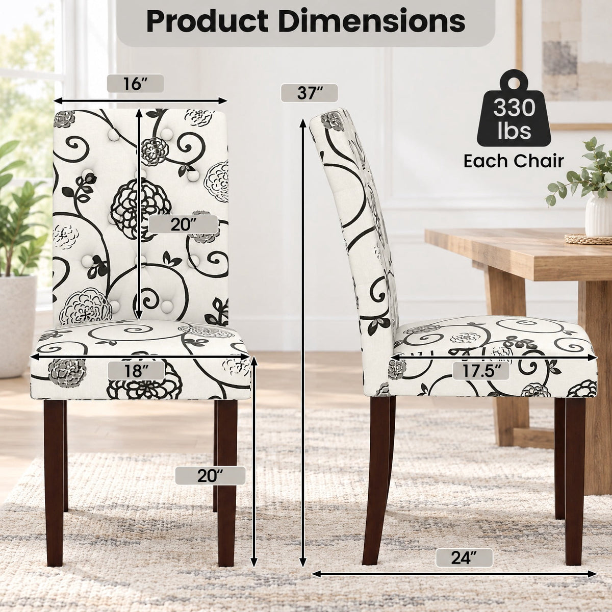 Airfind Button Tufted Fabric Upholstered Wooden Dining Chair Set of 2 with High Curved Back, Chair 330 lbs Capacity, 18in x 24in x 37in Footprint