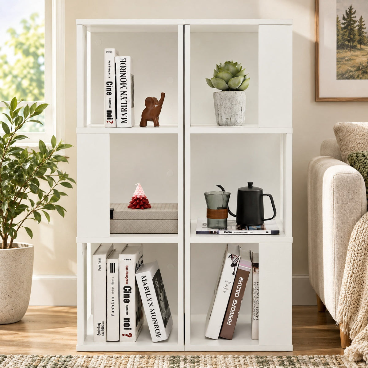 Airfind 3-Tier 6 Cube Freestanding Bookcase with Anti-toppling Device, 44 lbs Capacity, Engineered wood Frame, 13 x 13 x 39.5 Footprint, White
