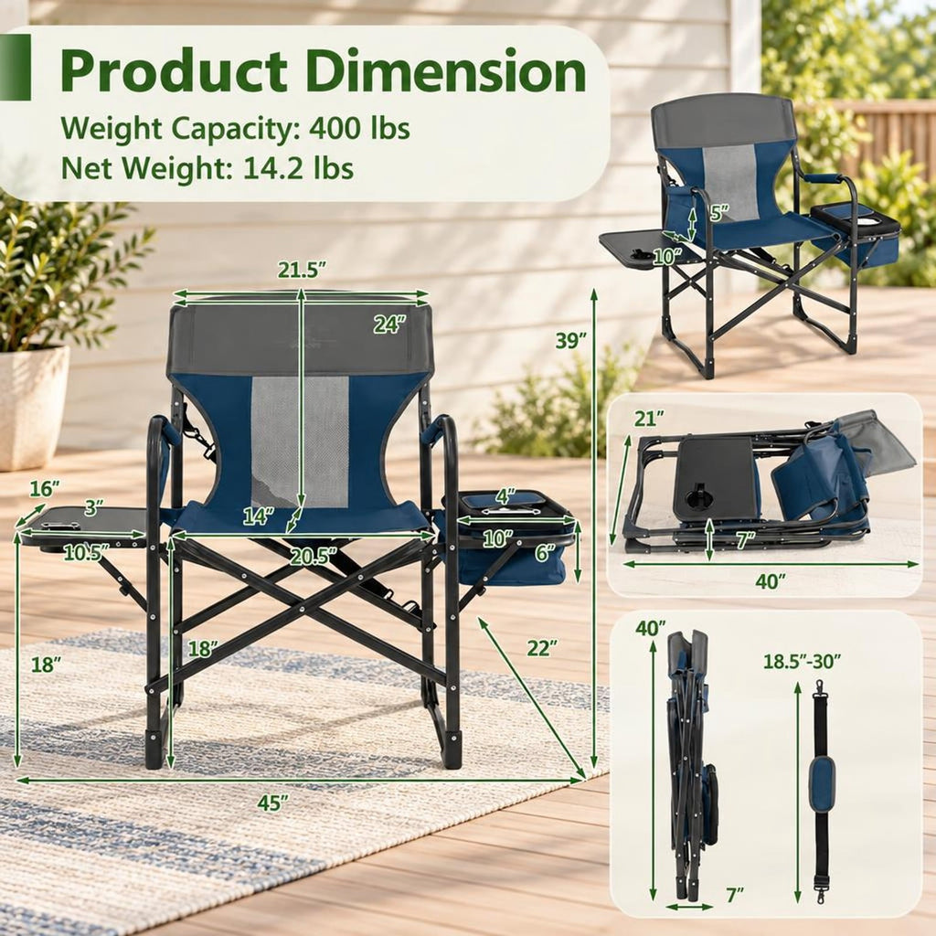 Airfind Folding Camping Directors Chair with Cooler Bag and Side Table, 400 lbs Capacity, Metal Oxford Cloth Frame, 45 x 22 x 39 Footprint, Blue