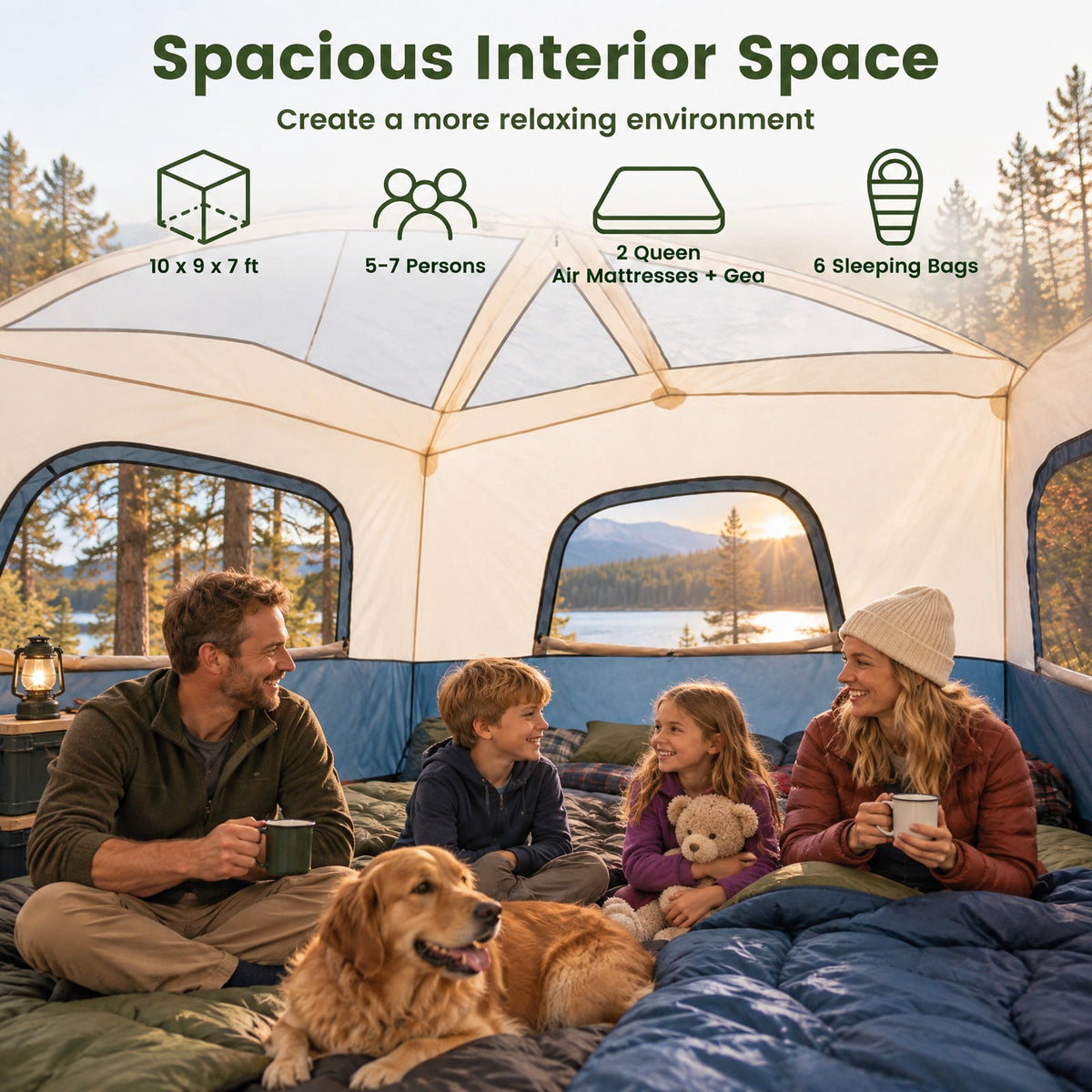 Airfind 6-Person Camping Tent Easy Setup Family Cabin Tent with Top Rainfly Mesh Windows, Fabric Fiberglass Metal Frame, 10 x 9 x 7 ft Footprint