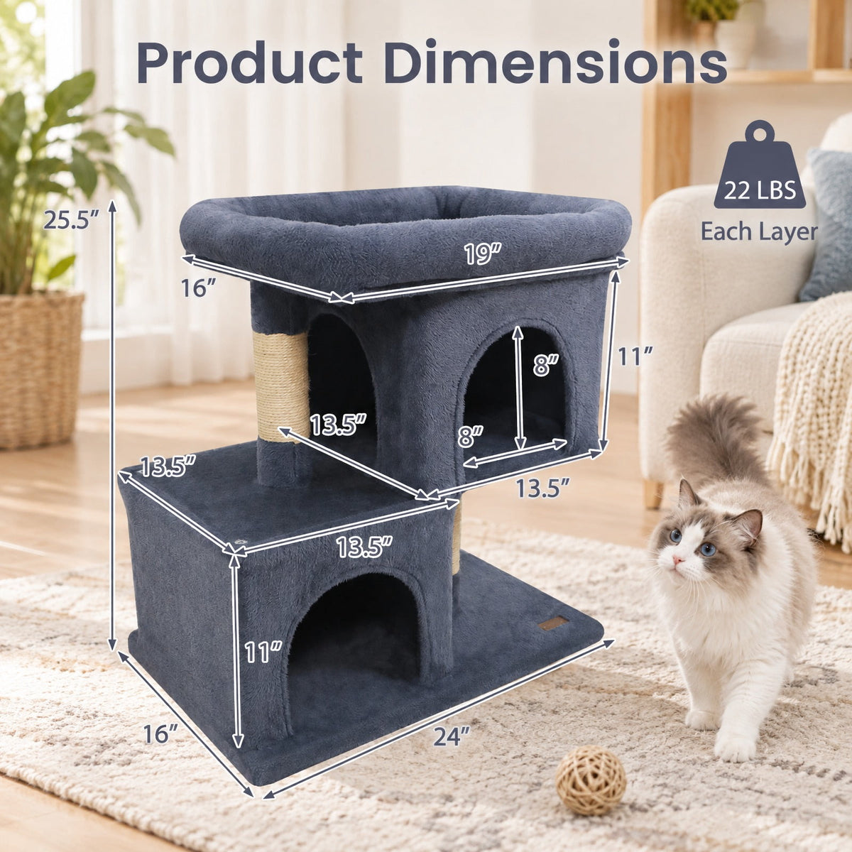 Airfind Modern Cat Tree Space-saving Cat Tower with Upholstered Perch and 2 Cat Condos, 22 lbs Capacity, 24 x 16 x 25.5 Condo Footprint