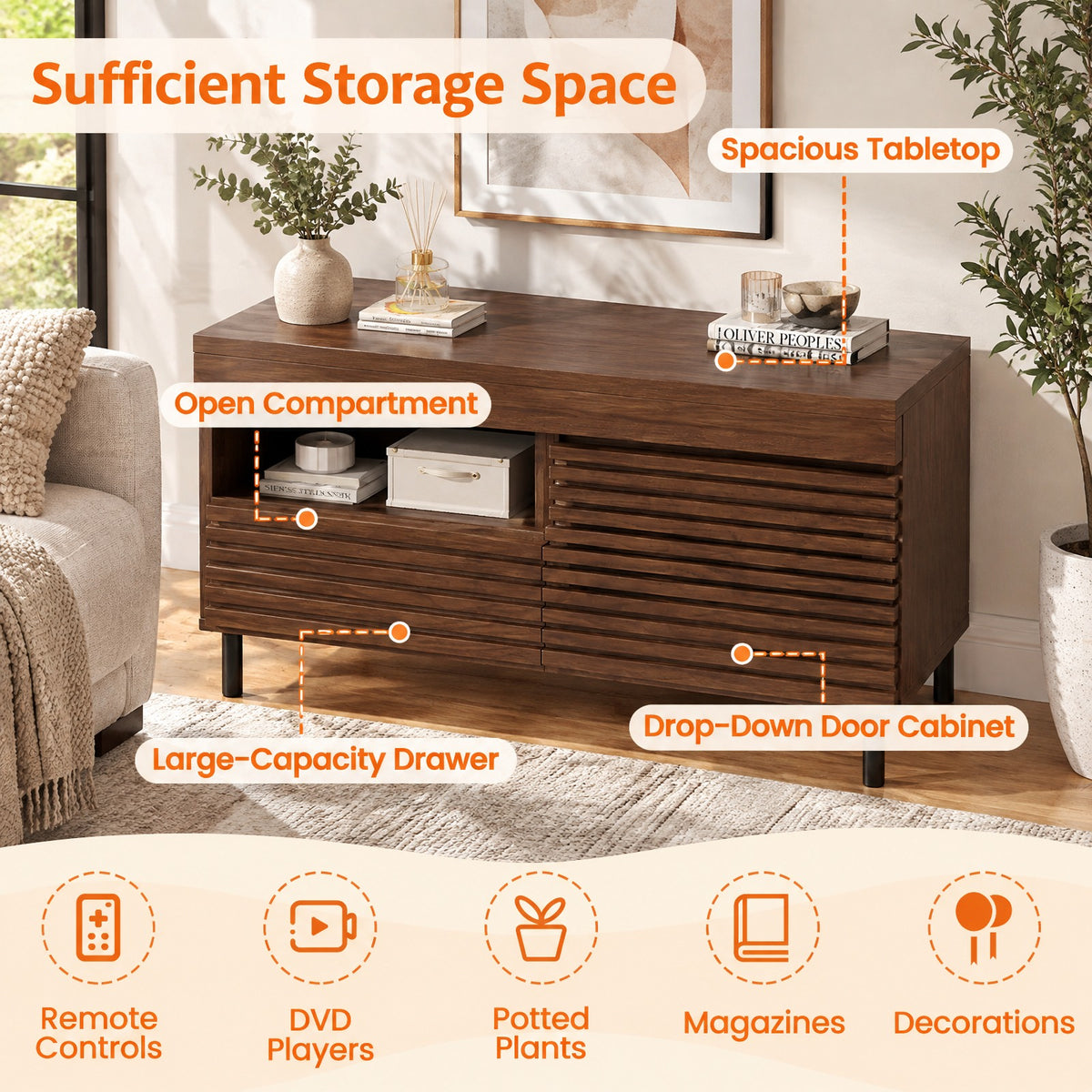 Airfind Mid Century Fluted TV Stand for 40 Inch TV Modern Entertainment Center with Open Compartment, 110 lbs Capacity, Metal Engineered Wood Frame