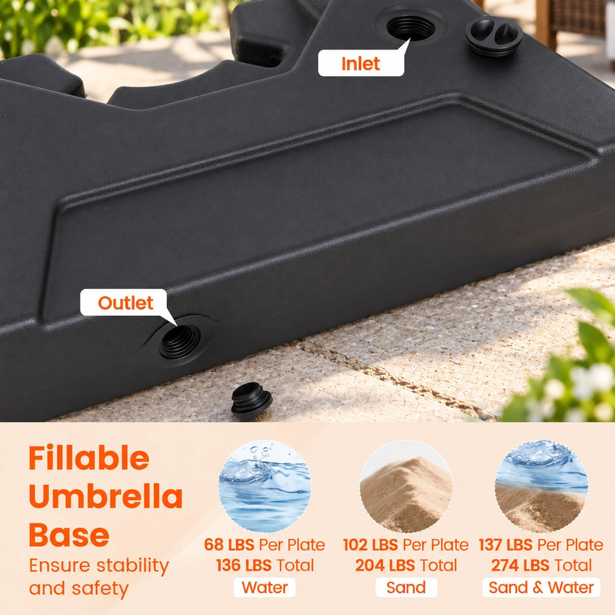 Airfind 274 LBS Cantilever Patio Umbrella Base with Handles, HDPE Frame, 35 Inch x 35 Inch x 5 Inch Compatible Base Hole Spacing 9 Inch Footprint, Black