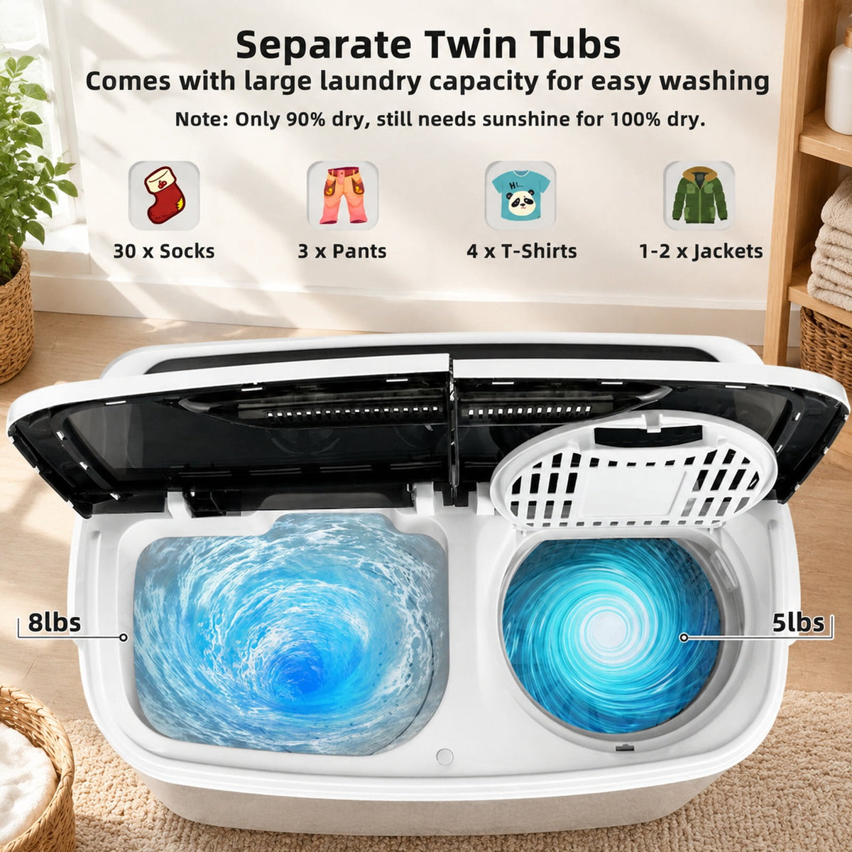 Airfind 8 Lbs Compact Mini Twin Tub Washing Spiner Machine for Home and Apartment, 23 x 14 x 27 Footprint, Gray