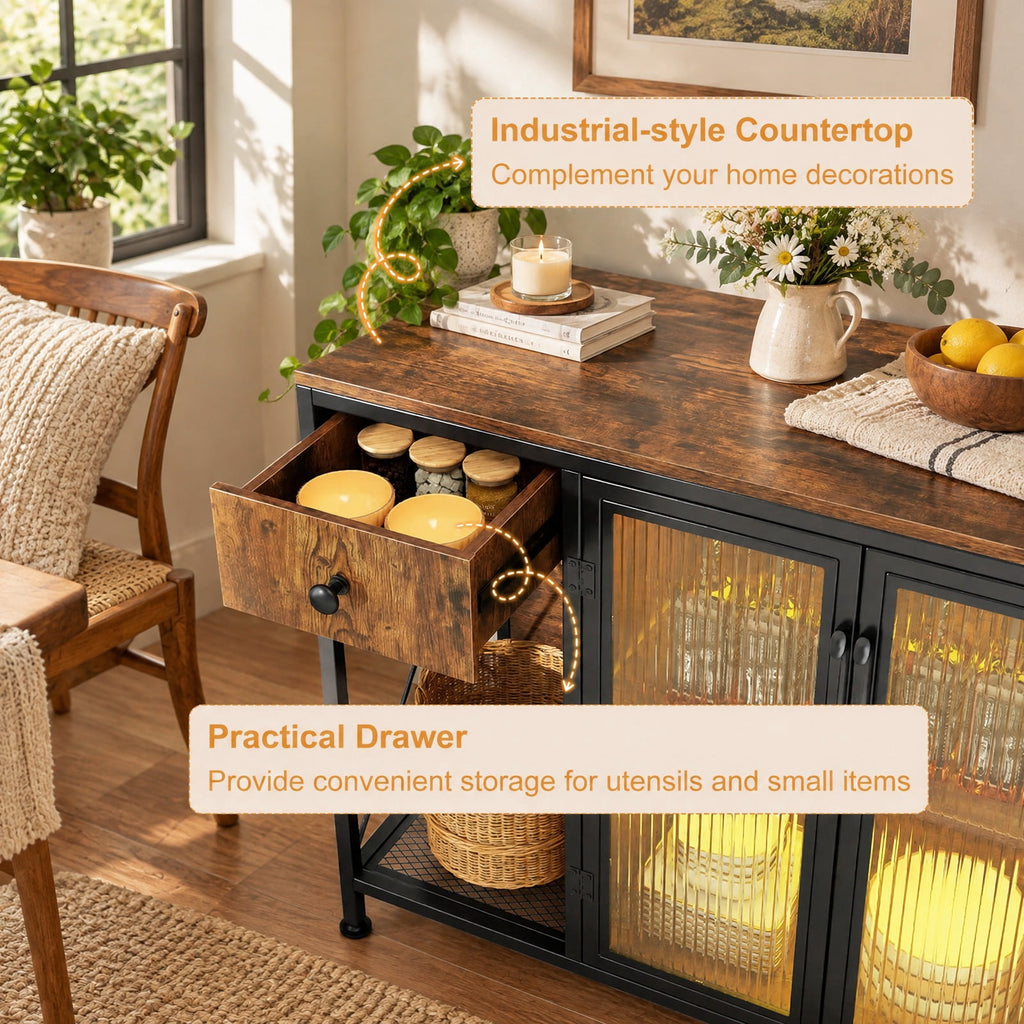 Airfind Buffet Sideboard with Doors, Power Outlets and LED Light, 110 lbs Capacity, Engineered Wood Cabinet for Dining Room, Brown