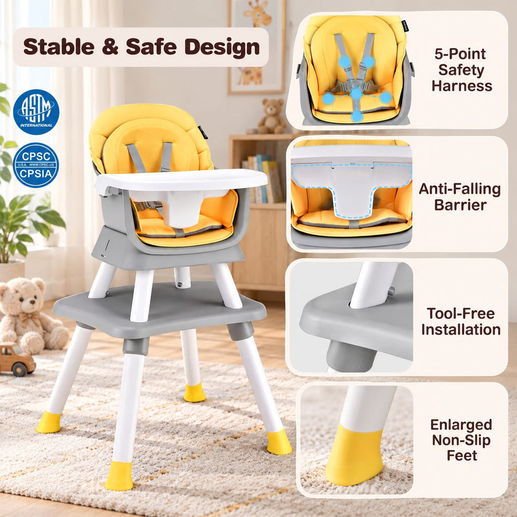 Airfind 6-in-1 Convertible Youth High Chair featuring Adjustable Removable Tray, 55 lbs Capacity, PP PU Fabric Frame, for 6-36 Months, Yellow