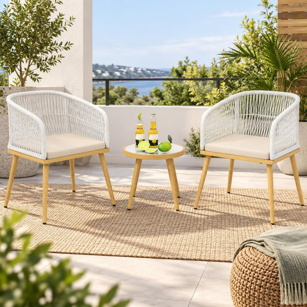 Airfind 3 Pieces Outdoor Bistro PE Wicker Conversation Furniture Set, 100 lbs Capacity, 18 x 16 Footprint, White