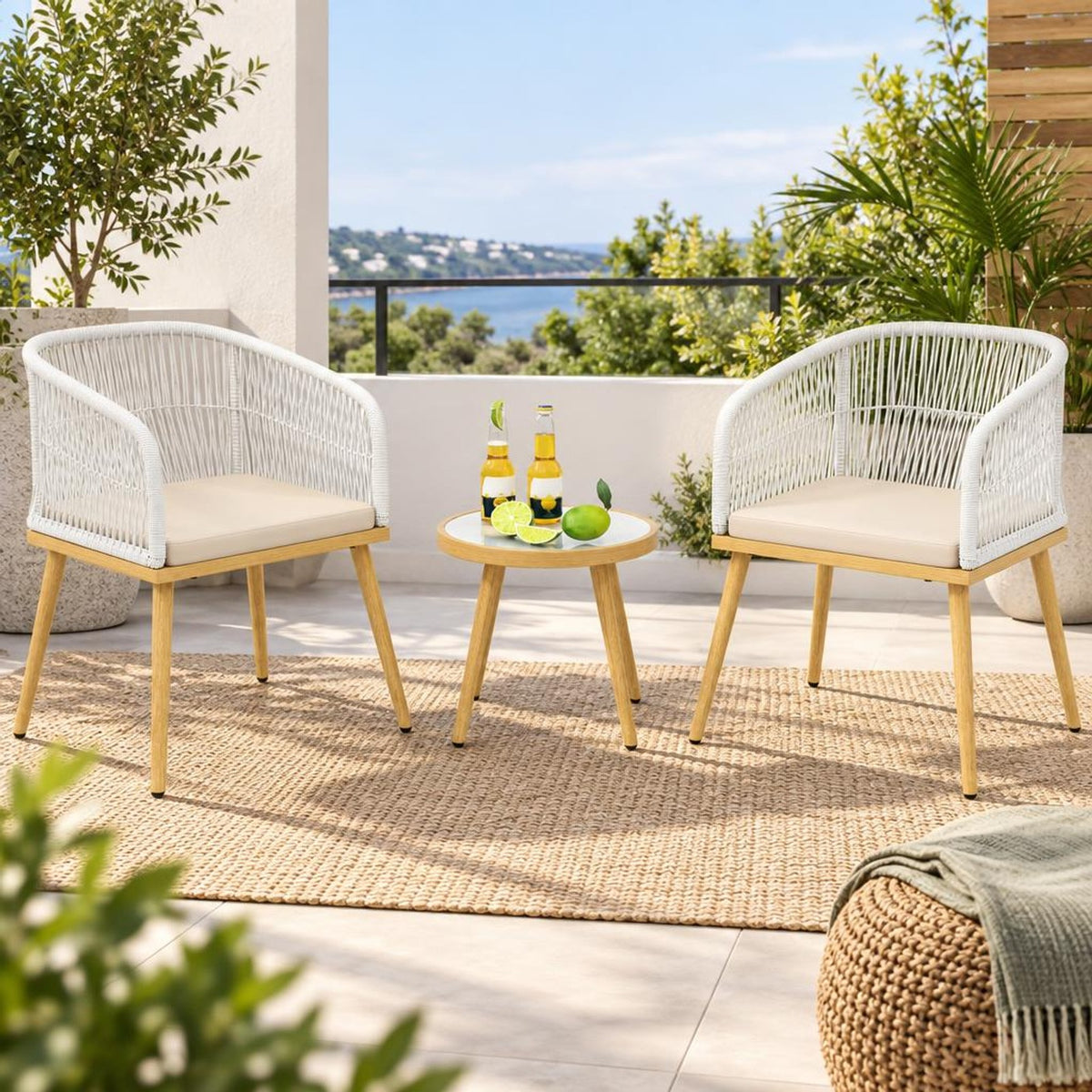 Airfind 3 Pieces Outdoor Bistro PE Wicker Conversation Furniture Set, 100 lbs Capacity, 18 x 16 Footprint, White