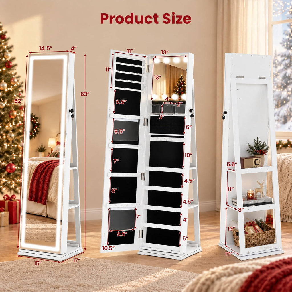 Airfind 360° Swivel Freestanding Jewelry Cabinet with Lighted Full Length Mirror, MDF Frame, White, Open storage shelves for easy reach