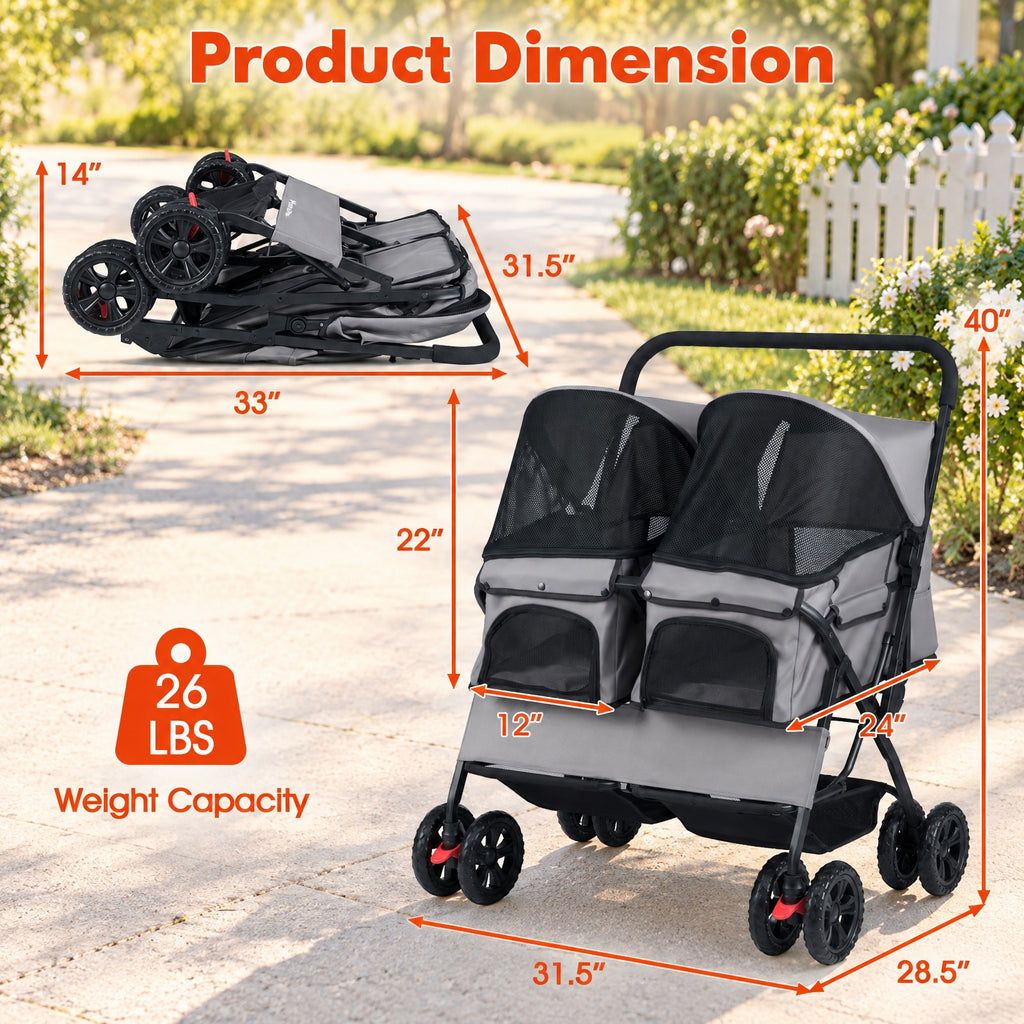 Airfind Foldable Double Pet Stroller with Adjustable Sunshade and Storage Basket, Aluminium Alloy Oxford Fabric PP EVA Frame, Gray