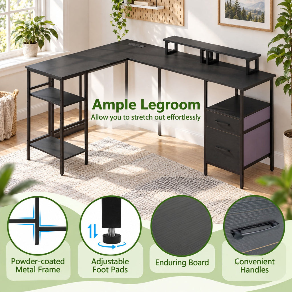 Airfind L Shaped Desk with Power Outlet Reversible Computer Desk with Monitor Stands, 155 lbs Capacity, Engineered Wood Metal Fabric Frame, Black