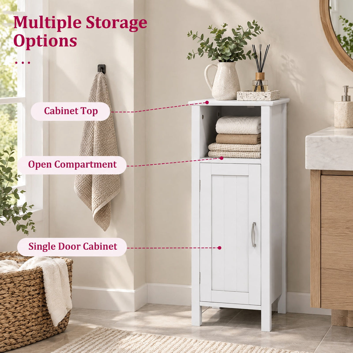 Airfind 1-Door Freestanding Bathroom Cabinet with Open Shelf, 66 lbs Capacity, MDF Frame, 12in x 12in x 31.5in Footprint, White