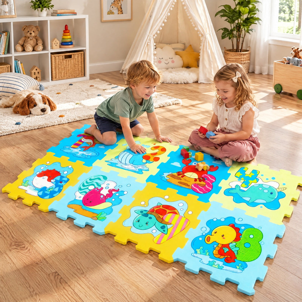 Airfind EVA Foam Baby Play Mat with 8 Interlocking Animal and Number Shapes, Non-Slip Stackable Floor Tiles for 10 Months and Up, Colorful