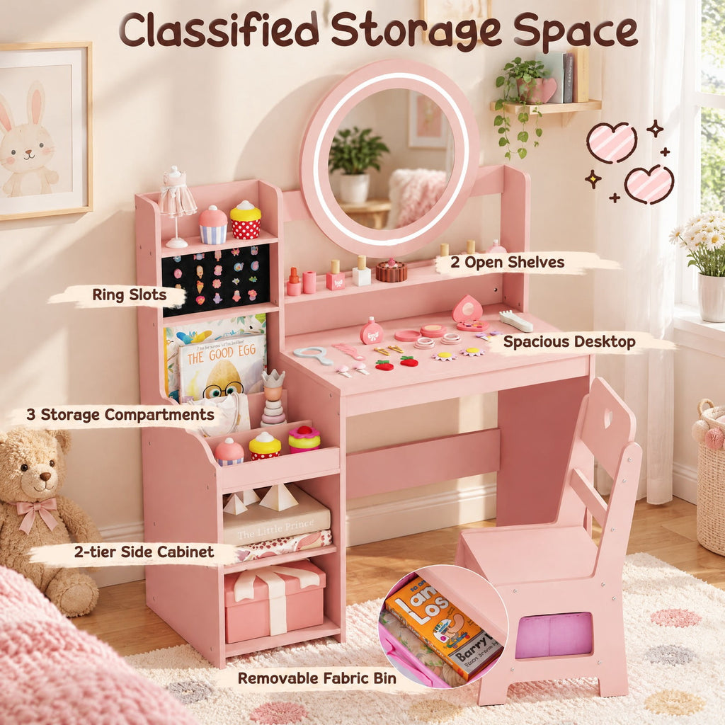 Airfind Kids Vanity Desk with Mirror and Lights Princess Pretend Play Dressing Table and Chair Set, 66 lbs Capacity, MDF Frame, for 3+ years old