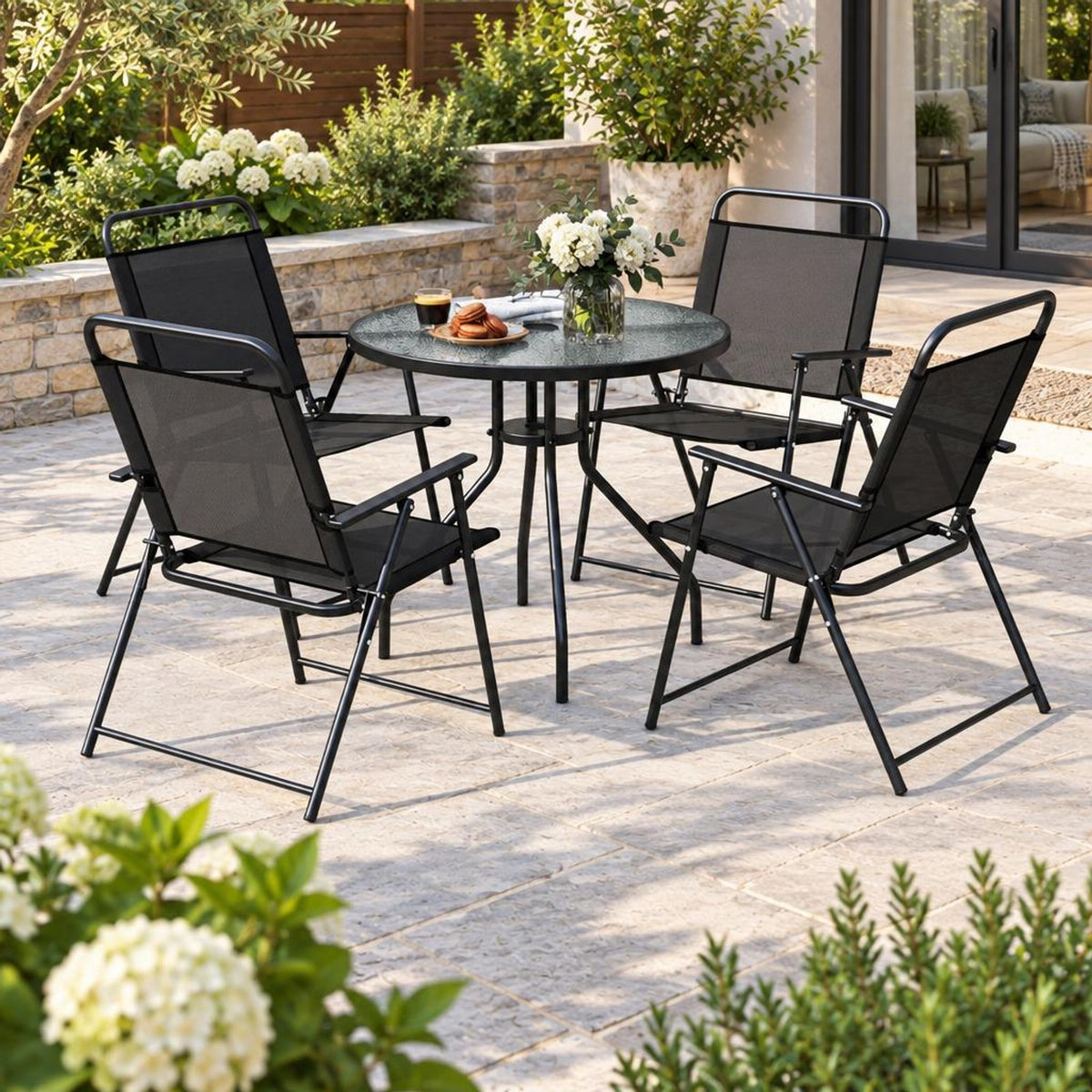 Airfind 6 Pieces Patio Dining Set Folding Chairs Glass Table Tilt Umbrella for Garden, 110 lbs Capacity, Steel fabric tempered glass Frame, Grey