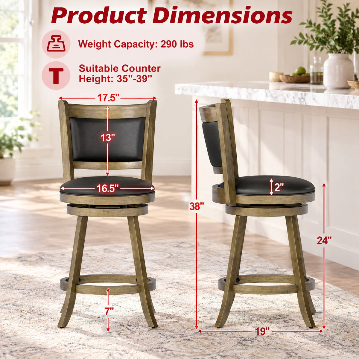 Airfind 2 Pieces 24 Inch Swivel Counter Stool Dining Chair Upholstered Seat, 264 lbs Capacity, 17.5 x 19 x 38 Footprint, Gray